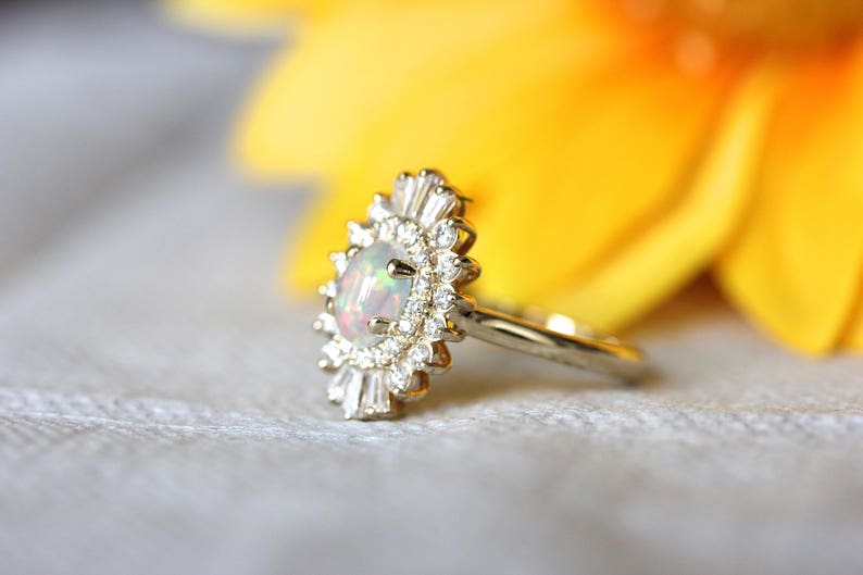 Opal Engagement Ring, Art Deco halo engagement ring, Double halo ring, Ethiopian opal ring image 4