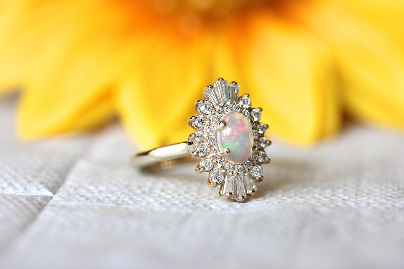 Opal Engagement Ring, Art Deco halo engagement ring, Double halo ring, Ethiopian opal ring image 2