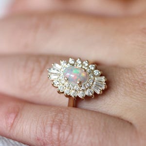 Opal Engagement Ring, Art Deco halo engagement ring, Double halo ring, Ethiopian opal ring image 6