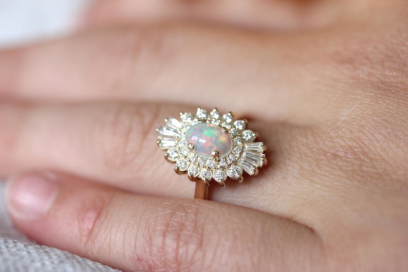 Opal Engagement Ring, Art Deco halo engagement ring, Double halo ring, Ethiopian opal ring image 6