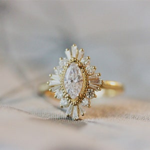 Moissanite Marquise Engagement Ring, Art Deco halo engagement ring, Double halo ring, milgrain detail, image 5