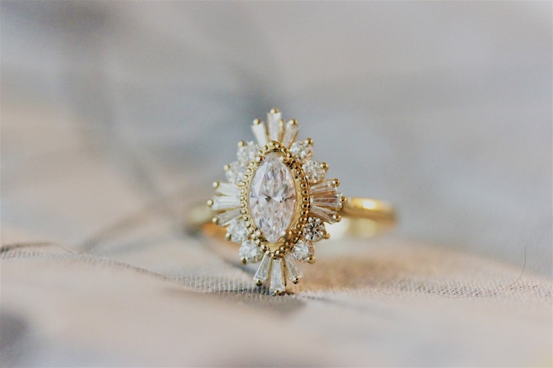 Moissanite Marquise Engagement Ring, Art Deco halo engagement ring, Double halo ring, milgrain detail, image 5