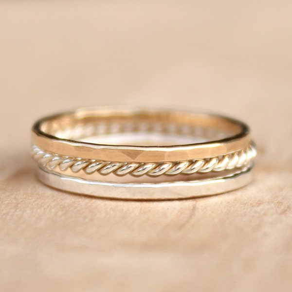 Massief goud Stacking Rings - Set van 3 - zoete Mix met elegante casual, eeuwigheid ringen, stapelaars, dunne ring