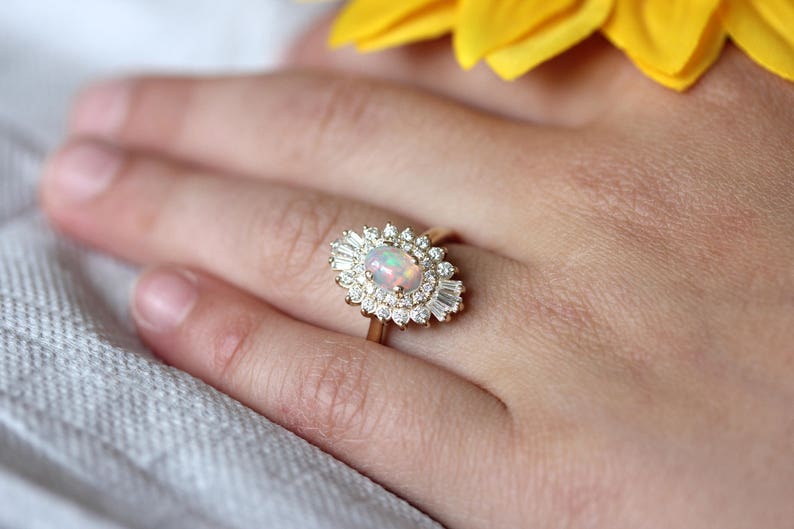 Opal Engagement Ring, Art Deco halo engagement ring, Double halo ring, Ethiopian opal ring image 7