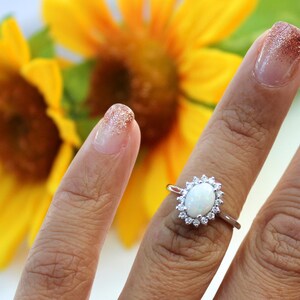 Opal engagement ring, vintage inspired diamond halo, white gold opal ring, October Birthstone image 3