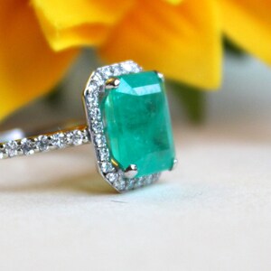 Emerald halo ring, diamond engagement ring, white gold halo ring, may birthstone image 4