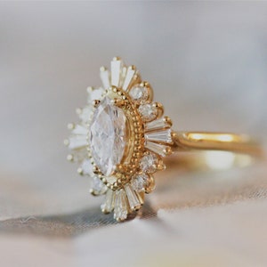 Moissanite Marquise Engagement Ring, Art Deco halo engagement ring, Double halo ring, milgrain detail, image 3