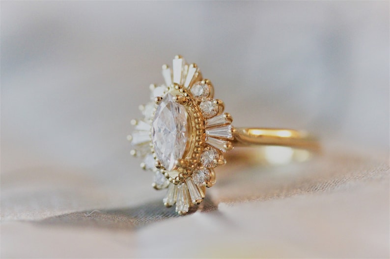 Moissanite Marquise Engagement Ring, Art Deco halo engagement ring, Double halo ring, milgrain detail, image 3