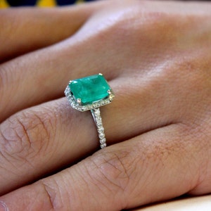 Emerald halo ring, diamond engagement ring, white gold halo ring, may birthstone image 2