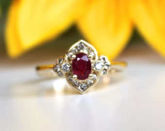 Ruby Engagement Ring, Vintage inspired ring,  Diamonds Halo, Red Ruby Ring, Oval ruby ring,  Original Design