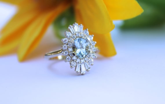 Art Deco halo engagement ring, Double halo ring, aquamarine ring, oval blue stone