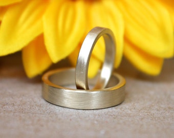 14K gold wedding band set, his and hers, yellow gold satin finish, matte finish, heavy, thick bands