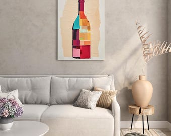 Kubistische Weinflasche Leinwand - Bunte abstrakte Esszimmer-Kunst, Geschenk für Wein-Liebhaber