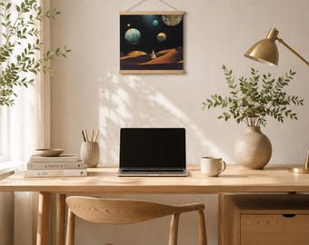 Verträumtes Weltraumposter mit Aufhängern – Surrealistische Vintage-Collage-Wandkunst, himmlische Dekoration