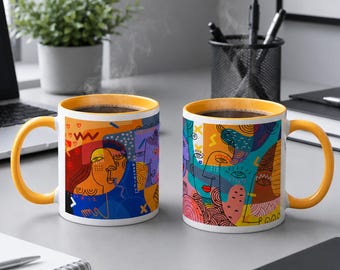Abstrakte Gesichter-Kunsttasse – Farbenfrohe kubistische Kaffeetasse, stilvolles Geschenk für Kunstliebhaber