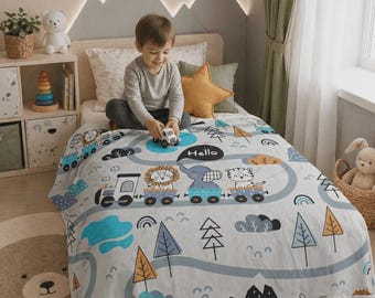 Kinderdecke mit Safari Zug - Tierabenteuer Kinderzimmerüberwurf, gemütliches Geschenk für Kleinkinder