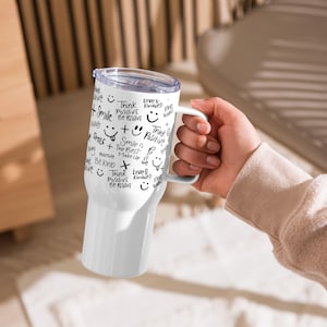 Taza de viaje "Piensa en positivo" – Vaso motivacional con asa, regalo para ella.