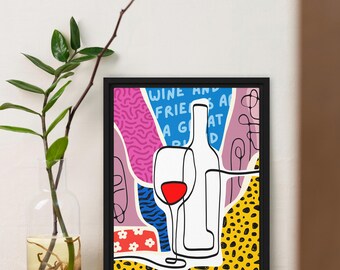 Wein und Freunde Leinwand - Maximalistische Küche Wandkunst, lustiges Geschenk für Weinliebhaber