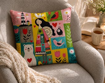 Buntes Dekokissen im Stil der Volkskunst – Verspieltes skandinavisches Naturkissen fürs Sofa
