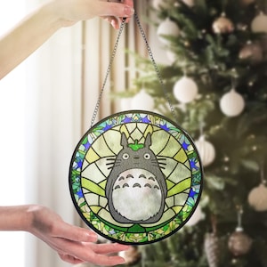 Solfångare i glas i skogsanda – Min granne-inspirerad glaskonst – Studio Ghibli – Fönster- och väggbonad – Gåva till animeälskare bild 4