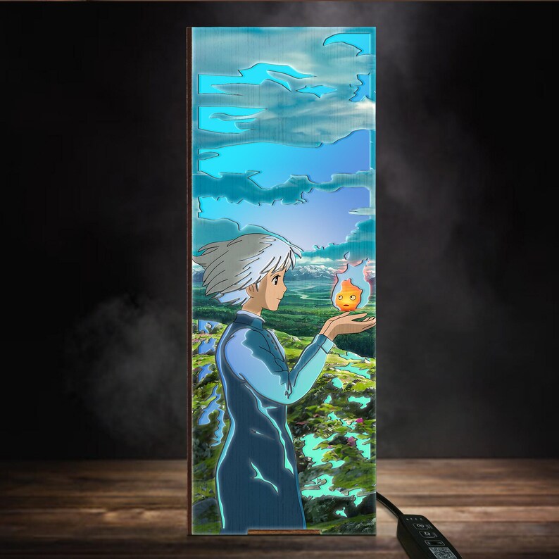 May include: A rectangular decorative panel featuring an anime-style illustration. The artwork depicts a character with white hair and blue clothing holding a small, orange flame. The background shows a landscape with mountains, trees, and a blue sky with clouds.
