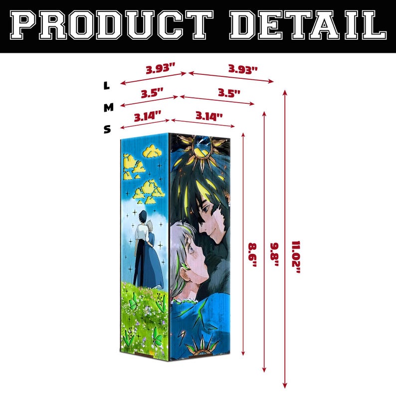 May include: A rectangular box with anime-style artwork. The box is 11.02 inches tall, 3.93 inches wide, and 3.93 inches deep. The artwork depicts a couple and a scene with a sun. The text "PRODUCT DETAIL" is at the top.