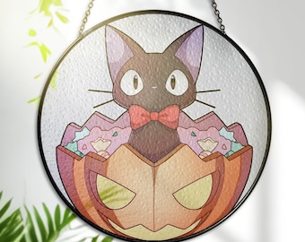 Atrapasol de vitral JiJi – Adorno de ventana con forma de gato – Regalo para amantes del arte en vidrio y el anime