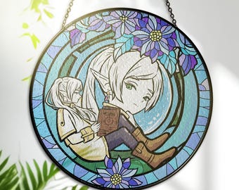 Frieren Stained Glass Suncatcher – Sousou no Frieren Art – Journey Theme Printed Window Hanging – Wall Decor – Anime Lover Gift