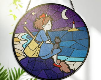 Kiki & Jiji Stained Glass – Witch Girl Window Hanging – Printed Decor – Suncatcher Glass – Gift for Anime Lovers