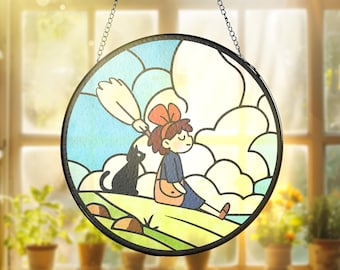 Vidriera de Kiki y Jiji – Adorno para ventana de la Bruja – Decoración impresa – Atrapasol – Regalo para amantes del anime