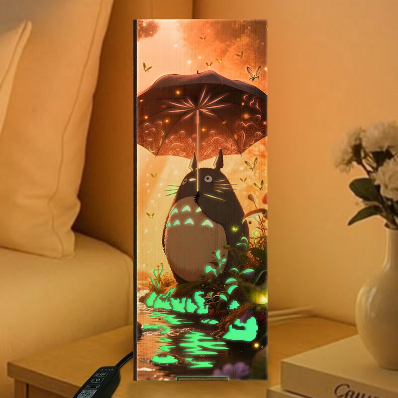 Puede incluir: Luz de noche rectangular con una ilustraci&oacute;n de dibujos animados de un personaje bajo un paraguas. La obra de arte tiene una paleta de colores c&aacute;lidos con un efecto brillante. El personaje es una criatura grande y peluda con vientre beige y pelaje gris oscuro.