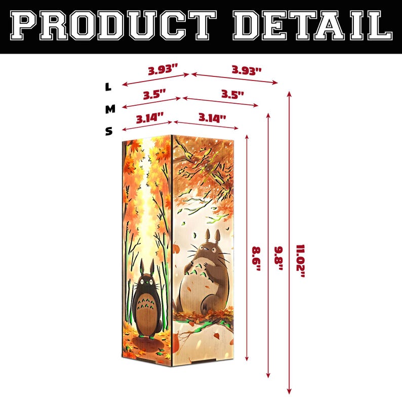 Puede incluir: Caja decorativa de madera con una escena de bosque y dos personajes de dibujos animados. La caja mide 28 cm de alto, 10 cm de ancho y 10 cm de profundidad. El texto "PRODUCT DETAIL" est&aacute; en la parte superior.
