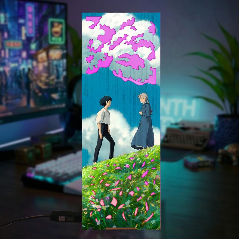 May include: A vertical illustration featuring two anime characters on a grassy hill under a blue sky with pink cloud-like shapes. One character wears a white shirt and black pants, the other a long blue dress.