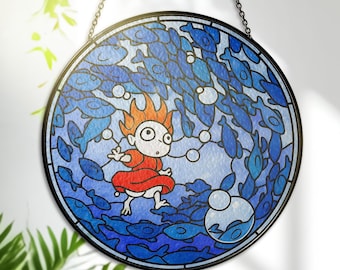 Ponyo Stained Glass – Window Hanging – Suncatcher Decor – Ocean Journey Glass Art – Anime Lover Gift