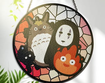 Calcifer, No-Face & Forest Spirit Stained Glass – Anime Window Hanging – Printed Art – Suncatcher Decor – Gift for Anime Lovers