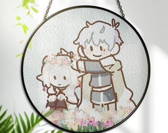 Frieren & Himmel Stained Glass Art – Sousou no Frieren Window Hanging – Pastel Fantasy Suncatcher Decor for Anime Lovers