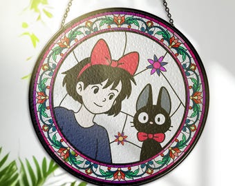 Kiki & Jiji Stained Glass Window Hanging – Printed Glass Art – Magical Journey Suncatcher Decor – Gift for Anime Lovers