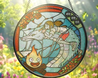 Chihiro Stained Glass Suncatcher – Calcifer, Haku Window Hanging Decor – Glass Art Gift for Lovers