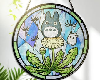 Forest Spirit Stained Glass Suncatcher – Studio Ghibli Window Hanging – Printed Glass Decor – Gift for Anime Lovers