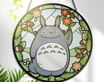 Apanhador de Sol de Vidro "Meu Vizinho" – Arte em Vidro do Studio Ghibli – Decoração de Janela Impressa – Decoração de Parede Espírito da Floresta – Presente para Fã de Anime