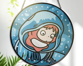 Ponyo Stained Glass Suncatcher – Ponyo Window Hanging – Printed Anime Glass Art – Unique Suncatcher Decor for Lovers