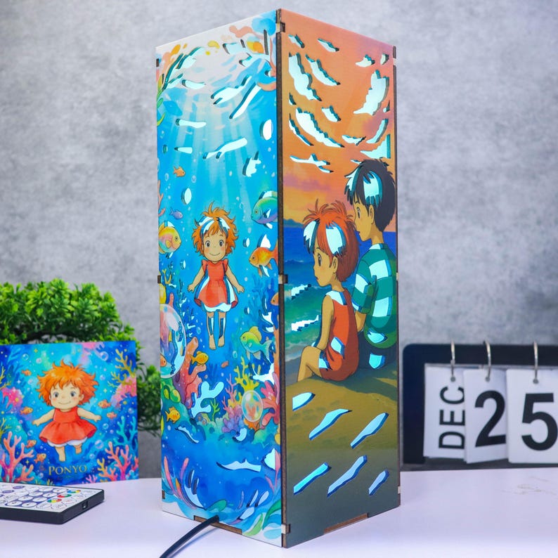 Ponyo Wooden Night Light, Ghibli Inspired LED Lamp, Layered Wood Decor, Ocean Fantasy Anime Lamp, Handmade Gift for Anime Fans image 9