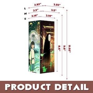 Puede incluir: Un producto rectangular con ilustraciones de anime, con dimensiones de 8 a 10 cm de ancho, 8 a 10 cm de profundidad y 22 a 28 cm de alto. El producto muestra ilustraciones de una ni&ntilde;a y un drag&oacute;n por un lado y una figura encapuchada por el otro. El texto "PRODUCT DETAIL" est&aacute; en la parte inferior.