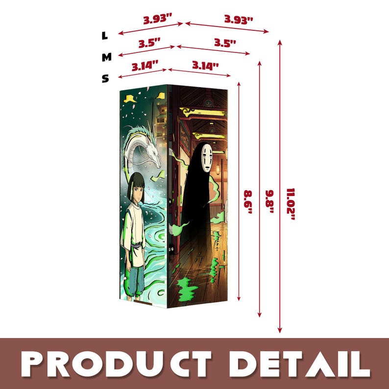 Puede incluir: Un producto rectangular con ilustraciones de anime, con dimensiones de 8 a 10 cm de ancho, 8 a 10 cm de profundidad y 22 a 28 cm de alto. El producto muestra ilustraciones de una ni&ntilde;a y un drag&oacute;n por un lado y una figura encapuchada por el otro. El texto "PRODUCT DETAIL" est&aacute; en la parte inferior.