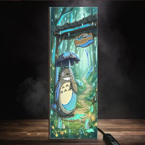 May include: A rectangular light panel featuring a colorful illustration of a grey, round creature with a white belly holding a dark umbrella in a rainy forest. The scene includes a wooden sign, green trees, small white spirits, and yellow flowers.