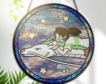 Stained Glass Suncatcher – Flying Scene Art – Printed Glass Window Hanging – Ghibli Inspired Wall Decor – Anime Lover Gift