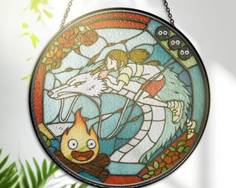 Chihiro Stained Glass Suncatcher – Calcifer, Haku Window Hanging Decor – Glass Art Gift for Lovers
