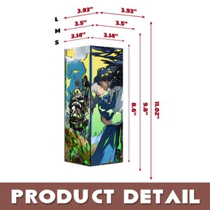 May include: A rectangular product with a colorful anime-style design. The product features a kissing couple and a monster on its sides. The dimensions are 3.14" to 3.93" wide and 8.6" to 11.02" tall. The text "PRODUCT DETAIL" is at the bottom.