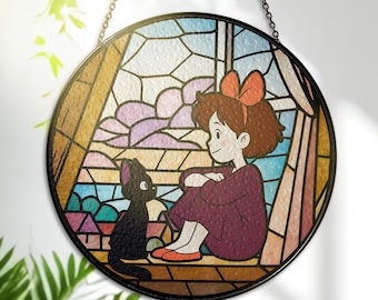 Kiki & Jiji Stained Glass – Witch Girl Window Hanging – Printed Decor – Suncatcher Glass – Gift for Anime Lovers