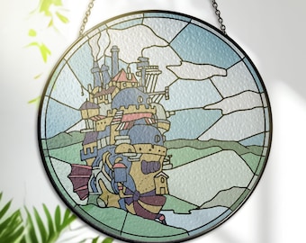 Castle Stained Glass – Window Hanging – Printed Anime Glass Art – Whimsical Suncatcher Decor